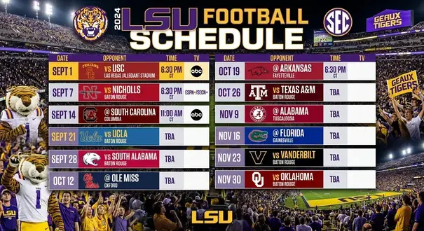 LSU football schedule 2025 Tiger Stadium night game with packed crowd