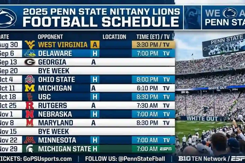 2025 Penn State Nittany Lions Football Schedule graphic featuring match dates, opponents, and home/away locations at Beaver Stadium.