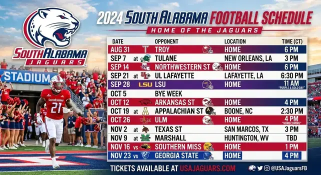 2024 South Alabama Jaguars Football Schedule with game dates, opponents, and kickoff times