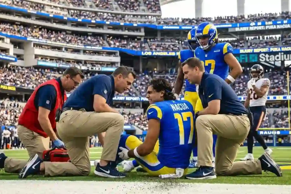 Puka Nacua receiving medical assistance on the field following a knee injury