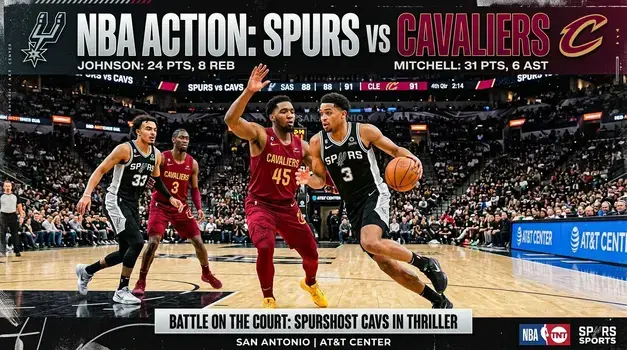 Detailed player stats graphics for San Antonio Spurs vs Cleveland Cavaliers matchup showing box score, points, and rebounds.