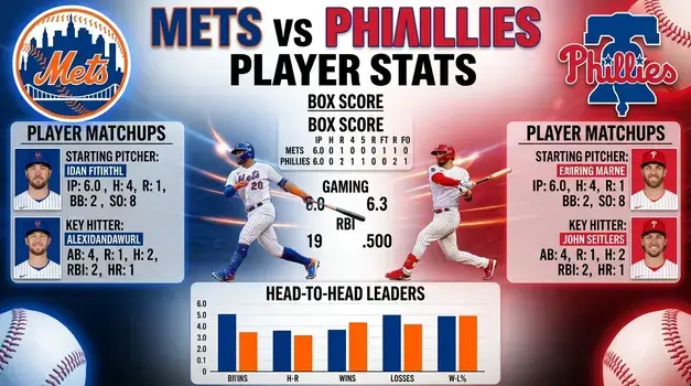 New York Mets vs Philadelphia Phillies match player stats graphic featuring box score and head-to-head leaders.
